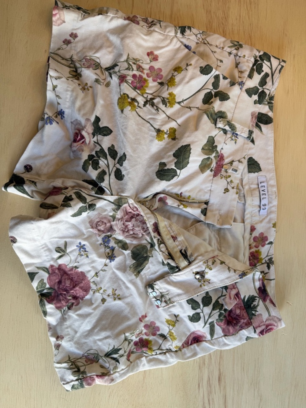 Level 99 Cream Floral Cotton Shorts with Pink & Green Botanicals